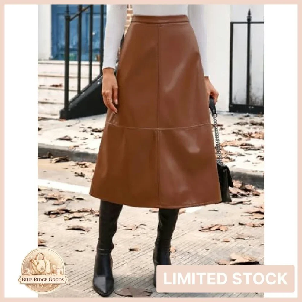 Faux Leather A-Line Midi Skirt High Waist Fall Winter Chic Elegant